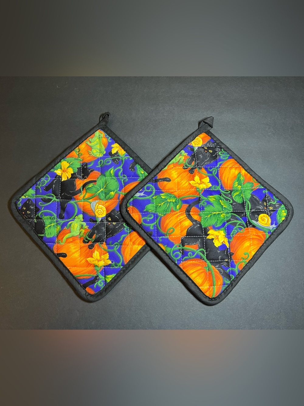 VTG Kay Dee Designs Halloween Pumpkin Patch Black Cat Square Oven Potholders